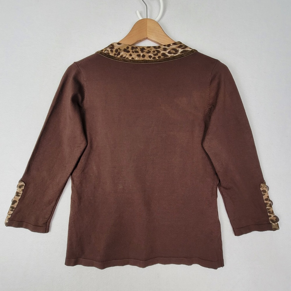 NWT JOSEPH A WOMEN'S TOP MEDIUM BROWN LEOPARD TRIM LONG SLEEVE KNIT BLOUSE NEW - Picture 14 of 16